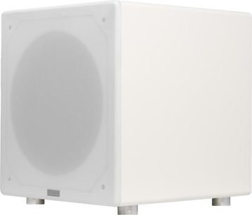 Velodyne VI-Q 12 witte subwoofer, driekwartaanzicht met witte voorkant en luidspreker achter een rond rooster