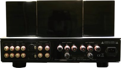 Amplificatore a valvole Line Magnetic LM-170IA nero, vista posteriore con ingressi RCA/XLR e morsetti per diffusori