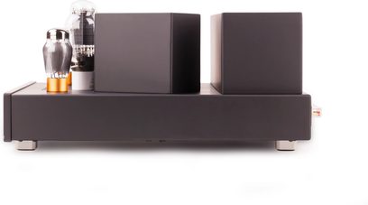 Amplificatore integrato stereo a valvole Feliks Audio Arioso 300B nero, vista posteriore con valvole a vista e involucri rettangolari
