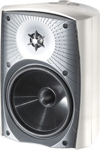 Altavoz de exterior Paradigm Stylus 370 blanco, vista frontal, caja rectangular, tweeter central estrellado, altavoz circular