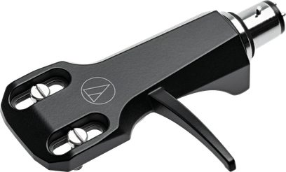 Černý headshell Audio Technica pro gramofon, se stříbrným konektorem SME a viditelnými montážními šrouby