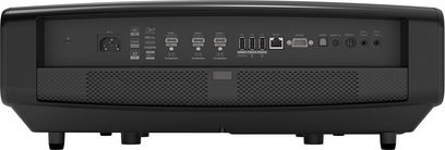 Videoproiettore Optoma UHZ68LV nero visto da dietro con connettori HDMI, USB, RJ-45, RS-232, S/PDIF, Audio Out, 3D Sync e Trigger.