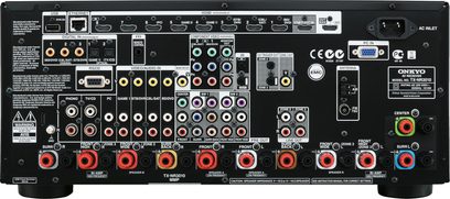 Onkyo TX-NR3010 sort hjemmebiografsforstærker, set forfra, med mange stik og knapper på forsiden, digitalt display i midten