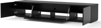 Juoda Sonorous STA200T TV spintelė, 2 atviri skyreliai, 2 stiklinės durelės, stiklinė lentyna, blizganti juoda konstrukcija