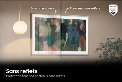 Samsung The Frame TQ55LS03HA-tv med mat skærm uden refleksioner, lys ramme, hængt op på væggen i en stue