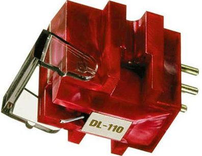 Denon DL-110 rød blank phono-pickup set fra 3/4 bagfra, gylden aluminiumsarm, hvid "DL-110"-etiket