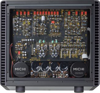 Michi P5 Series 2 stereo forforstærker, set ovenfra, komplekse printkort, forskellige elektroniske komponenter, sorte toroidale transformatorer, synlig intern kabelføring