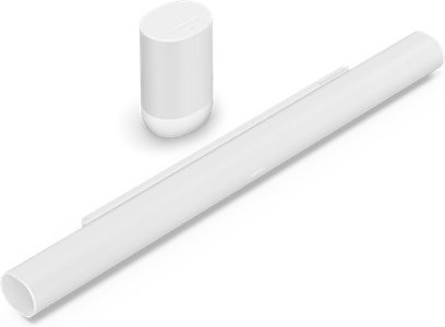Barra de som ARC Ultra e Move 2 branco mate, vista em perspectiva, forma cilíndrica, superfície lisa, cor uniforme