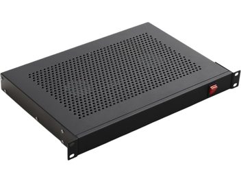 Ventilační panel s termostaty, černá obdélníková perforovaná skříňka, vpravo červený vypínač