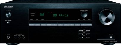 Onkyo TX-SR494DAB sort hjemmebiografsforstærker, frontvisning, grønt display "00 Atmos", kontrolknapper og -hjul