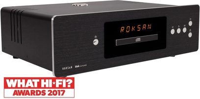 Roksan BLAK CD player, front view, black facade with orange "ROKSAN" display, silver buttons and connectors