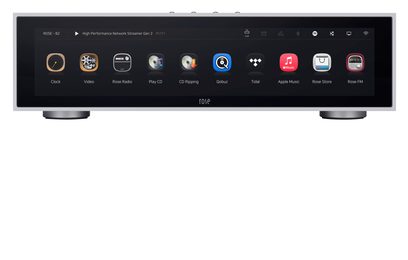 Netzwerk-Audioplayer RS151 schwarz mit rechteckigem Frontdisplay, das farbige Symbole anzeigt, geradlinigem Gehäuse, runden Füßen