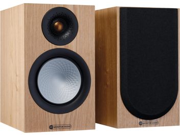 Поличкові акустичні системи Monitor Audio Silver 50 7G ash у світлому дубі, вигляд спереду, чорний твітер і сірий динамік