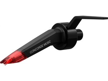 DJ turntable cartridge Ortofon Concorde Music Red, black body, translucent red stylus, three-quarter front view