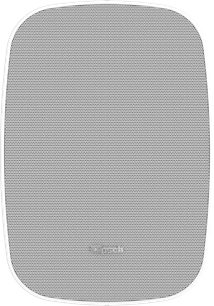 Klipsch RSM-400 hvit høyttaler, frontvisning, perforert metallgrill som dekker hele overflaten, sentrert logo