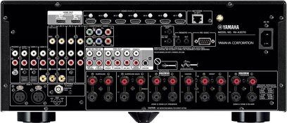 Yamaha RX-A3070 sort hjemmebiografsforstærker, frontpanel, frontvisning, mange stik og knapper, central displayskærm