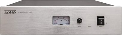 Taga Harmony PF-2000 sølvfarvet strømforsyning, frontpanel med voltmeter, afbryder, stik og drejeknap