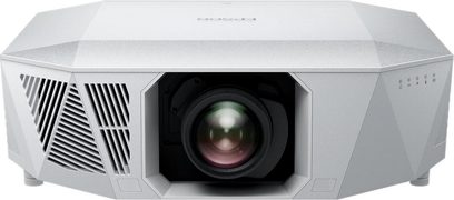 Epson EH-QL3000 witte projector, vooraanzicht, centrale lens, zijventilatieopeningen, knoppen aan de rechterkant