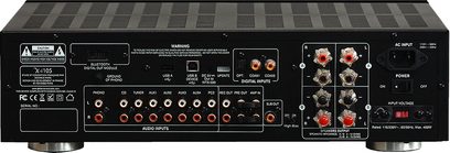 Stereo hi-fi forstærker Advance Paris X-i105, set forfra, sort front med knapper, stik og LED-display