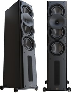 Due diffusori da pavimento Perlisten A4t nero opaco, trasduttori, tromba centrale, griglia metallica inferiore, viste frontale e a 3/4