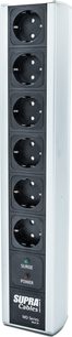 Multipresa verticale con 6 prese Schuko nere allineate, corpo rettangolare argentato, interruttore e spie "Surge" e "Power".