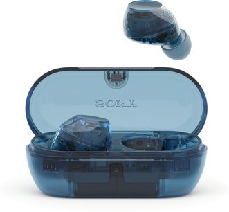 Sony WF-C710N blauwe in-ear hoofdtelefoon, blauw transparant kunststof oplaadetui met open klep en twee bijpassende oordopjes, vooraanzicht