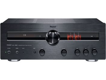 Ampli hi-fi стерео Magnat MA 900 чорний, вид спереду, передня панель з кнопками, регуляторами, дисплеєм та роз'ємами для навушників і мікрофона