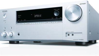 Onkyo TX-NR555 Silber Heimkino-Verstärker, Frontansicht, "DTSX"-Anzeige, Tasten, Lautstärkeregler, USB-Anschluss und Kopfhörerbuchse