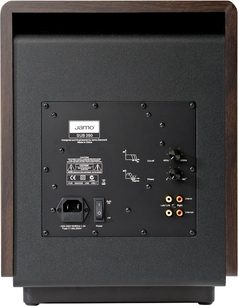 Jamo Sub 360 subwoofer i mørk æbletræ, set forfra, sort front med kontroller og stik, mørkt træ kabinet
