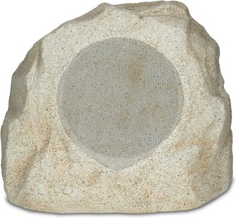 Klipsch PRO-650T-RK sandstone udendørshøjttaler i form af en beige spættet sten med rund frontgrill