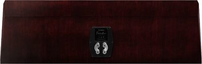 Paradigm Founder 90C center speaker in dark cherry finish, front view, black grille, two speakers, LCD screen