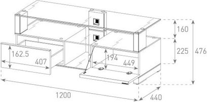 Teknisk diagram med dimensioner i millimeter af et Sonorous MD7120 TV-møbel med 2 rum og 2 skuffer, set forfra