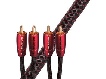 Cztery kable RCA Audioquest Golden Gate czerwono-czarne plecione, z pozłacanymi złączami, widok z przodu i z boku