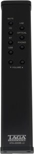 Taga Harmony HTA-2000B v.2 sort hi-fi stereoforstærker, forside med kontrolknapper og stik, frontvisning