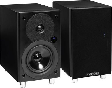 Micromega MySpeaker BT bogreolhøjttalere, sort, set forfra, sorte kabinetter, synlige højttalerenheder