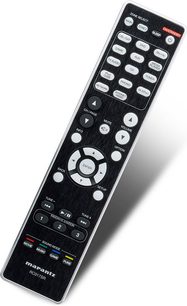Sort Marantz RC017SR fjernbetjening, set forfra, grå og hvide knapper, LCD-skærm øverst, hvide påskrifter