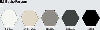 Fem sekskanter i forskellige farver: snehvid, gråhvid, granit grå, sort og pebble beige, der repræsenterer basisfinisher