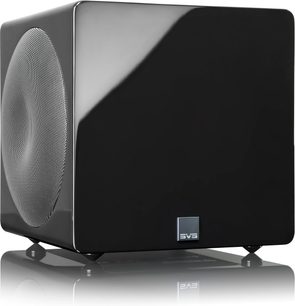 Subwoofer SVS 3000 Micro negru, vedere frontală, formă cubică, grilă metalică, logo SVS, finisaj lucios negru lăcuit