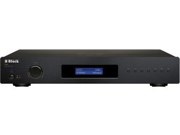 Tuner DAB+/FM Blok R-250+, fırçalanmış metal kasa, ön görünüm, solda büyük ayar düğmesi, ortada mavi ekran ve sağda küçük düğmeler sırası
