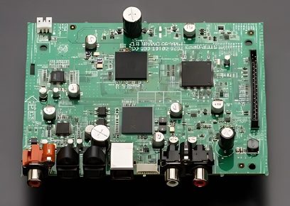Grønt printplademønster med sorte og sølvfarvede elektroniske komponenter, set ovenfra