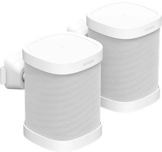 Önden görünen, silindirik biçimli, beyaz delikli metalden yapılmış iki adet Sonos One ve One SL duvar askısı
