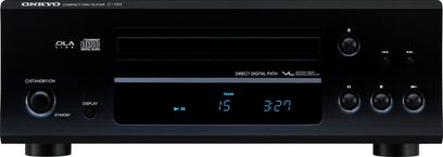 Onkyo C-733 sort CD-afspiller, frontpanel, blåt digitalt display, kontrolknapper og -hjul, USB-port