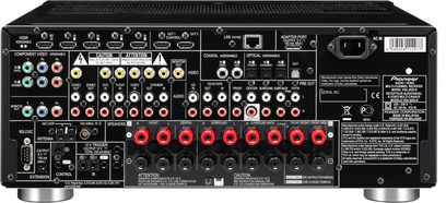 Pioneer VSX-2020 hjemmebiografsforstærker, bagside, audio/video-tilslutninger, stik og justeringsknapper