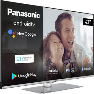 Panasonic TX-43LX660E 43" fladskærms-TV med billede af en smilende mand og lille pige, Google-, Dolby- og Bluetooth-logoer