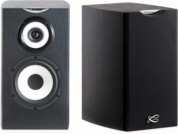 Altavoz de estantería Cabasse Minorca MC40 ébano, vista frontal y lateral, dos altavoces circulares, acabado en madera negra