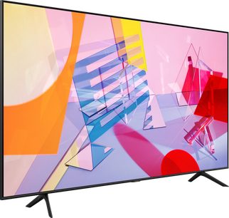 Samsung QE75Q60T 2020 75 inch flatscreen QLED-tv, vooraanzicht, met gekleurde geometrische vormen op het scherm
