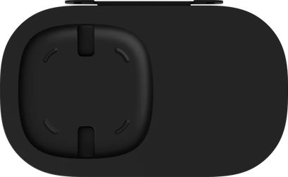 Soporte de altavoz Sonos Shelf negro, vista superior, forma ovalada con recorte central en forma de enchufe eléctrico