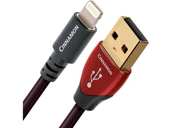 USB-Kabel Audioquest Cinnamon USB-A auf Lightning, rote und goldene Stecker, schwarze und rote Ummantelung, 1,5 Meter lang