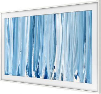 Cornice bianca per televisore Samsung The Frame da 65 pollici, vista di tre quarti, con immagine astratta blu