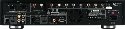 OPPO BDP-95EU 4K Blu-ray-afspiller, frontvisning, audio/video-stik på bagsiden, knapper og display på forsiden